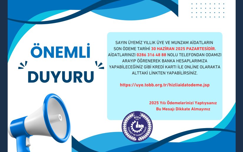 2025 Yılı Oda Aidatları 1. Taksit Ödemeleri Hk.