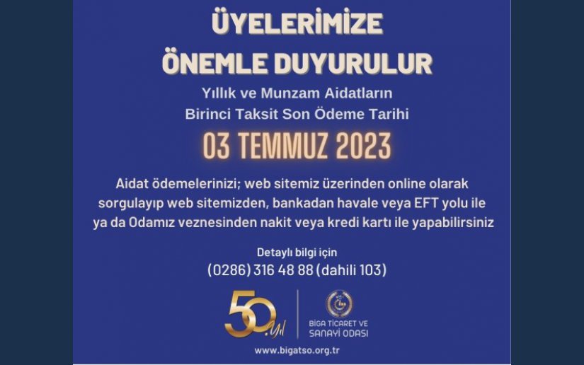 YILLIK ODA AİDATLARI BİRİNCİ TAKSİT ÖDEMELERİ